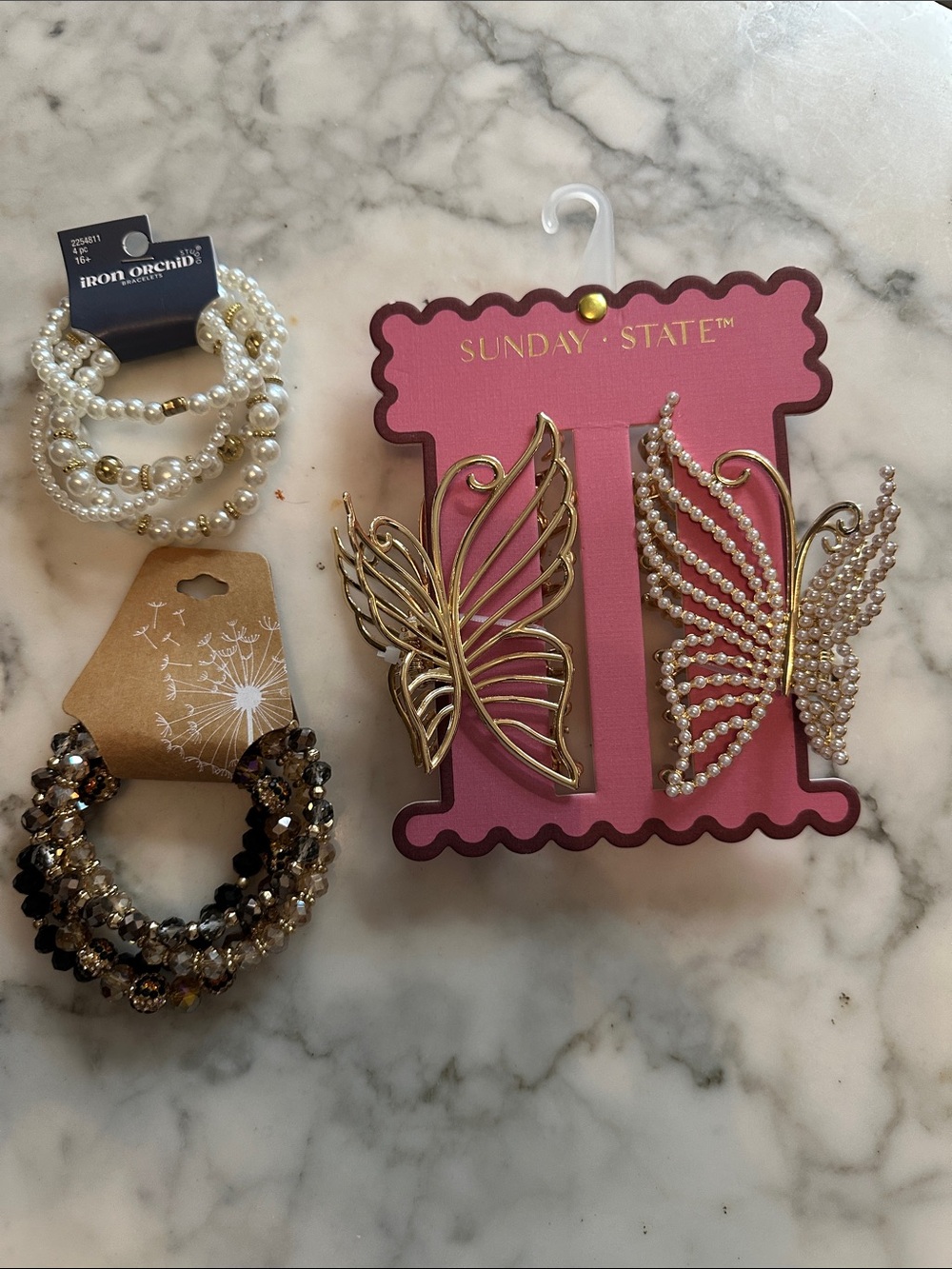 Sunday State Gold and Pearl Butterfly Hair Clips & Assorted Bracelets NWT
